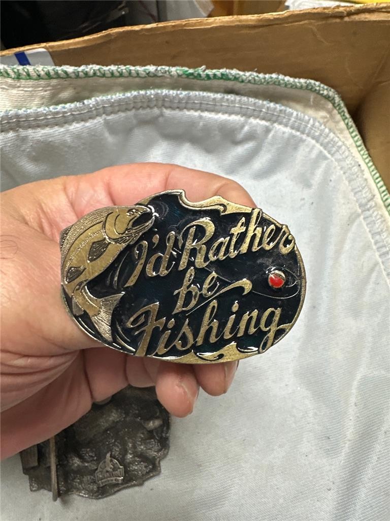 Five Vintage I&rsquo;d Rather Be Belt Buckles, Fishing, Duck Hunting, Deer Hunting,