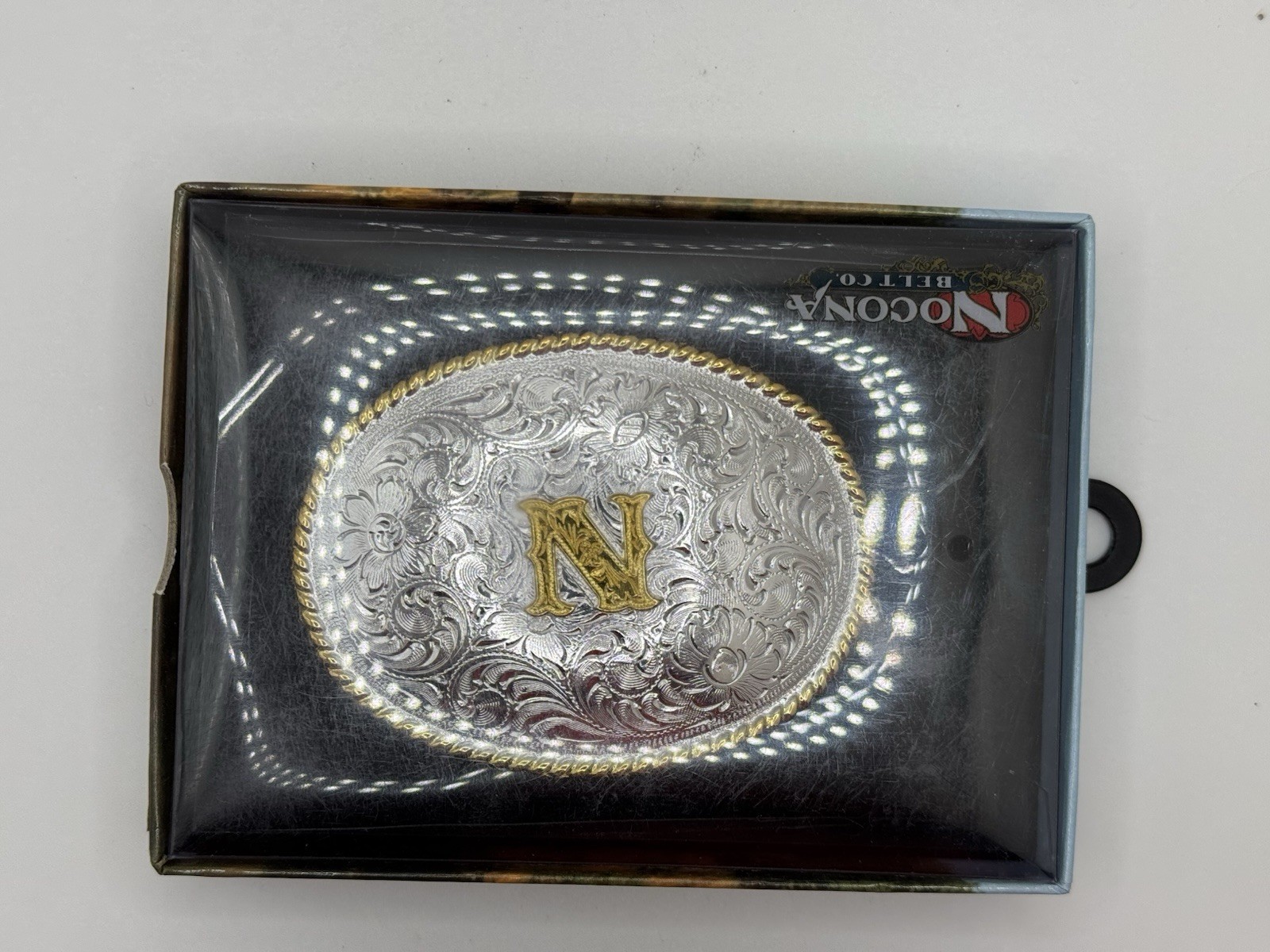 NOCONA BELT CO. OVAL INITIAL BUCKLE “N” ACC BUCKLE NEW – ORIGINAL PACKAGING