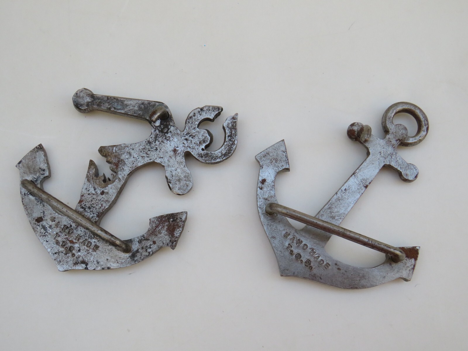 belt buckle vintage metal Anchor cracked sculpture signed T.O.S. TOS Handmade