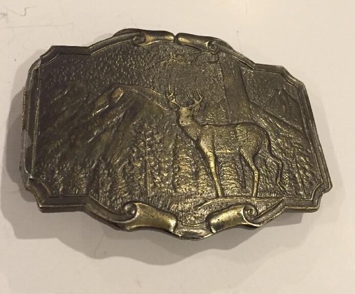 Vintage JAMES LIND Deer in the WOODS Wyoming Studio Art Works BELT BUCKLE brass