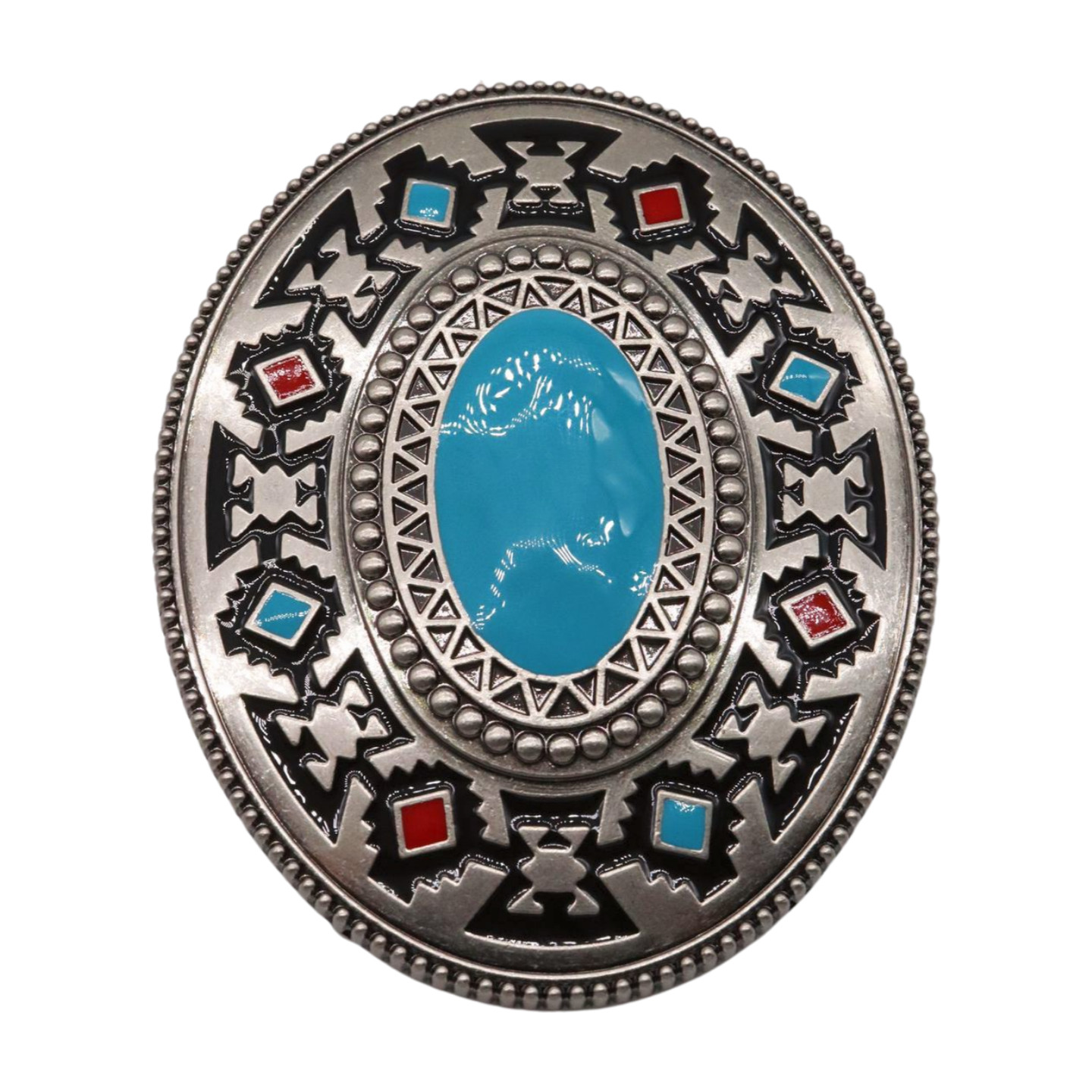 Men Silver Metal Buckle Native Ethnic Oval Shape Turquoise Blue Red Black Print