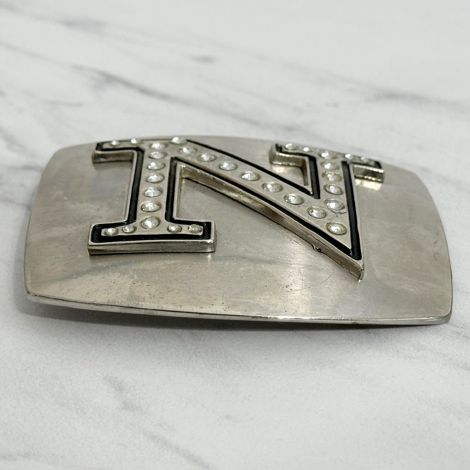 Rhinestone Studded N Letter Initial Monogram Silver Tone Belt Buckle