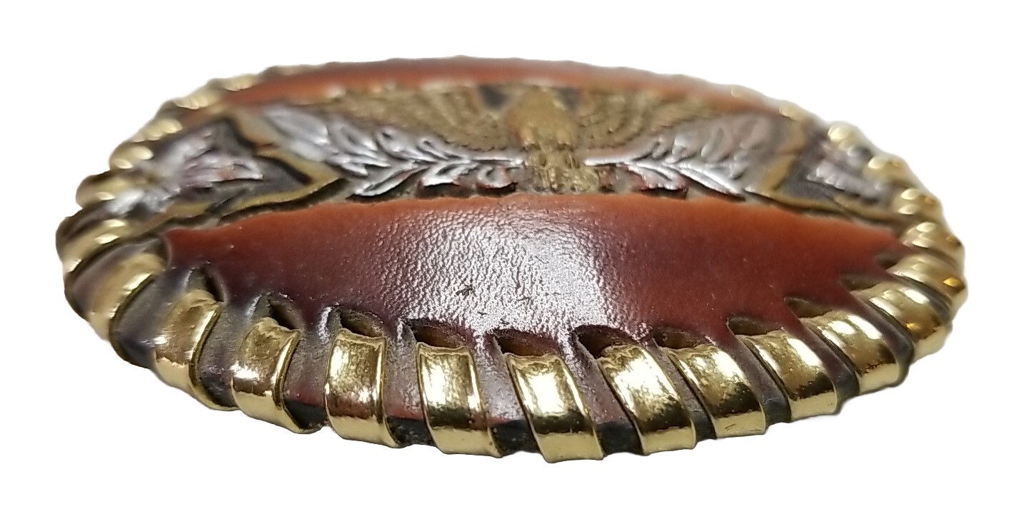 EAGLE Belt BUCKLE Sm LEATHER w/ Silver+Gold Edge LACING Handmade Western/Biker