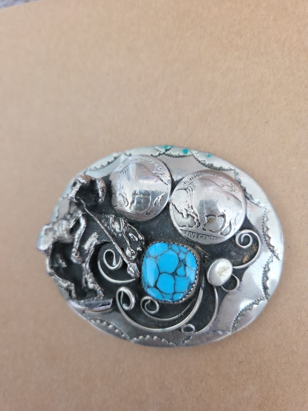 Native American Belt Buckle – Buffalo Nickels Turquoise