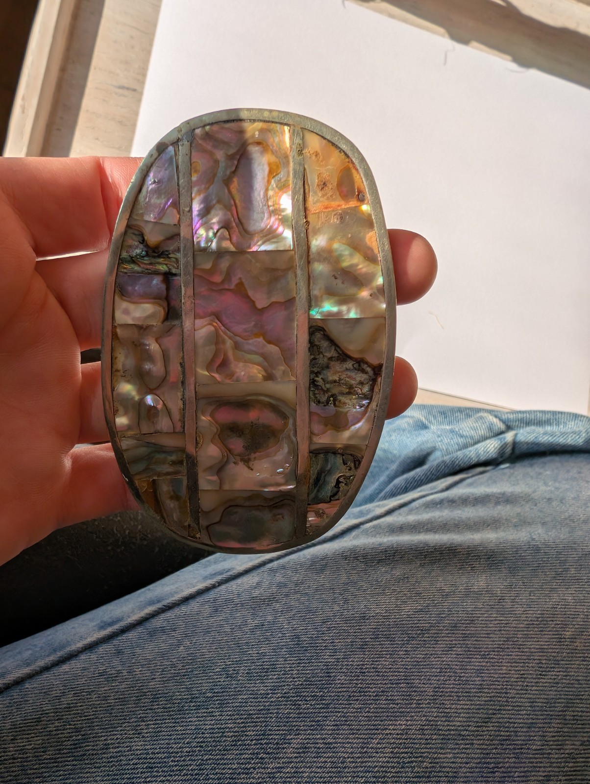 Alpaca Silver Abalone Large Belt Buckle Unisex Mexico Size 3.5&Prime; Iridescent A1