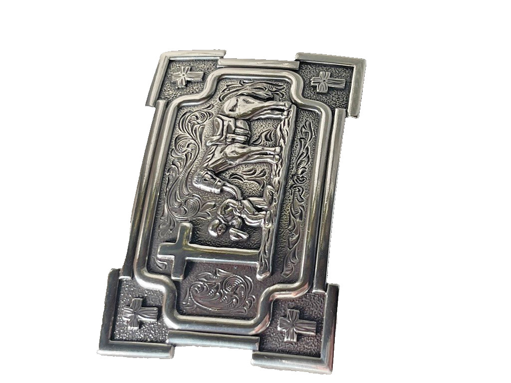 Nocona Mens Belt Buckle 3.5 x 2.5 in Cowboy Horse Cross Western Silver 1.5
