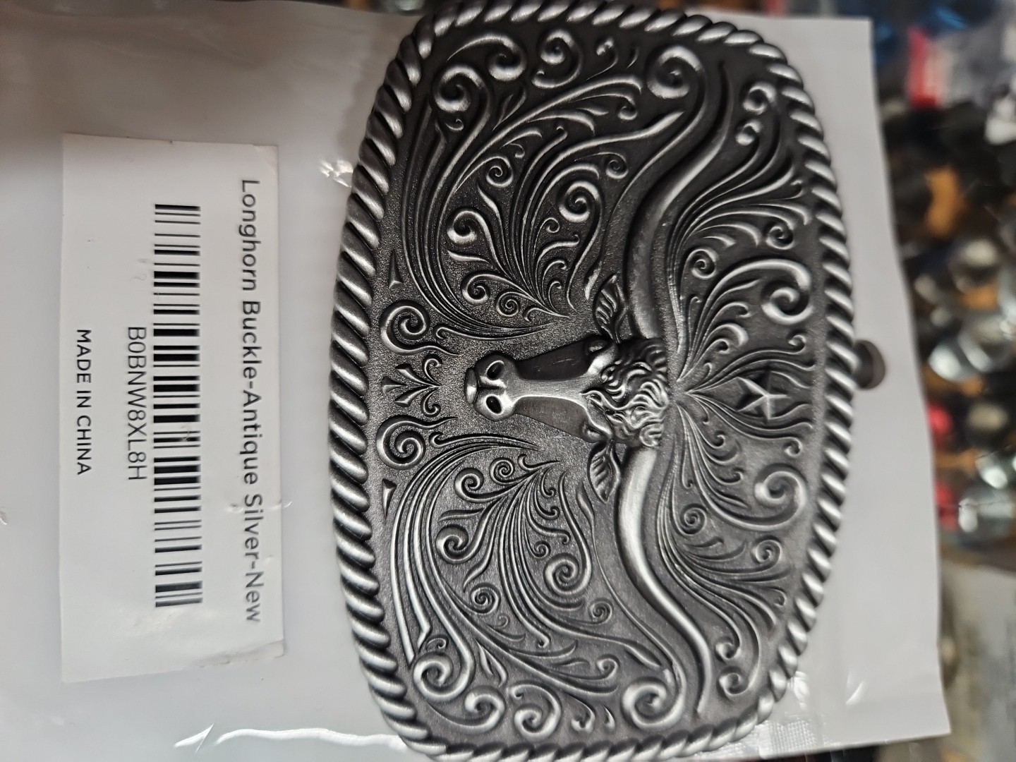 Country Western Mens Belt Buckle Longhorn Cowboy Antique Silver 4&Prime; x 2-5/8&Prime; New