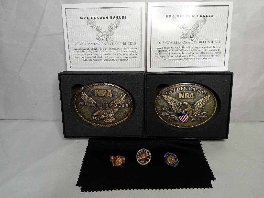 LOT OF 5: 2 NRA COMMEMORATIVE BUCKLES ( 2014 2015) & 3 VINTAGE PINS