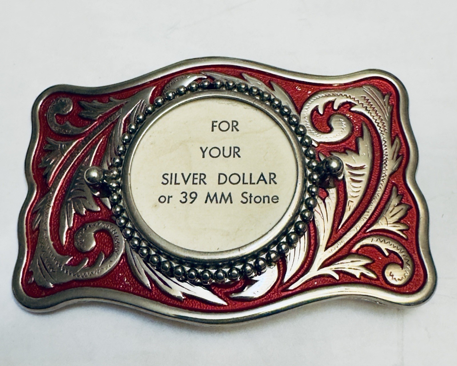 Rectangle Belt Buckle For USA Silver Dollar Coin Screw Back Silver Tone & Red