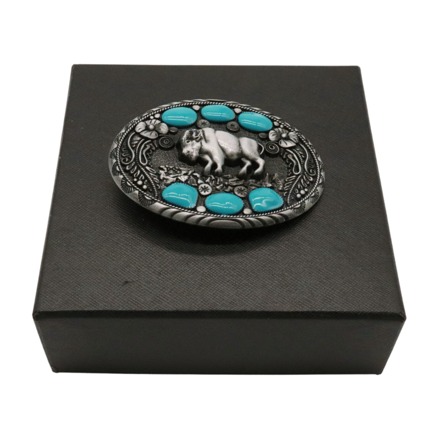 Men Western Belt Buckle Dark Silver Metal Cowboy Bison Buffalo Ox Oval Shape