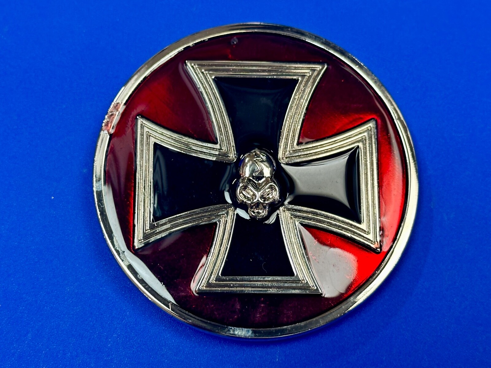 Enamel Round Iron Maltese Cross With Centered Silver Color Skull Belt Buckle