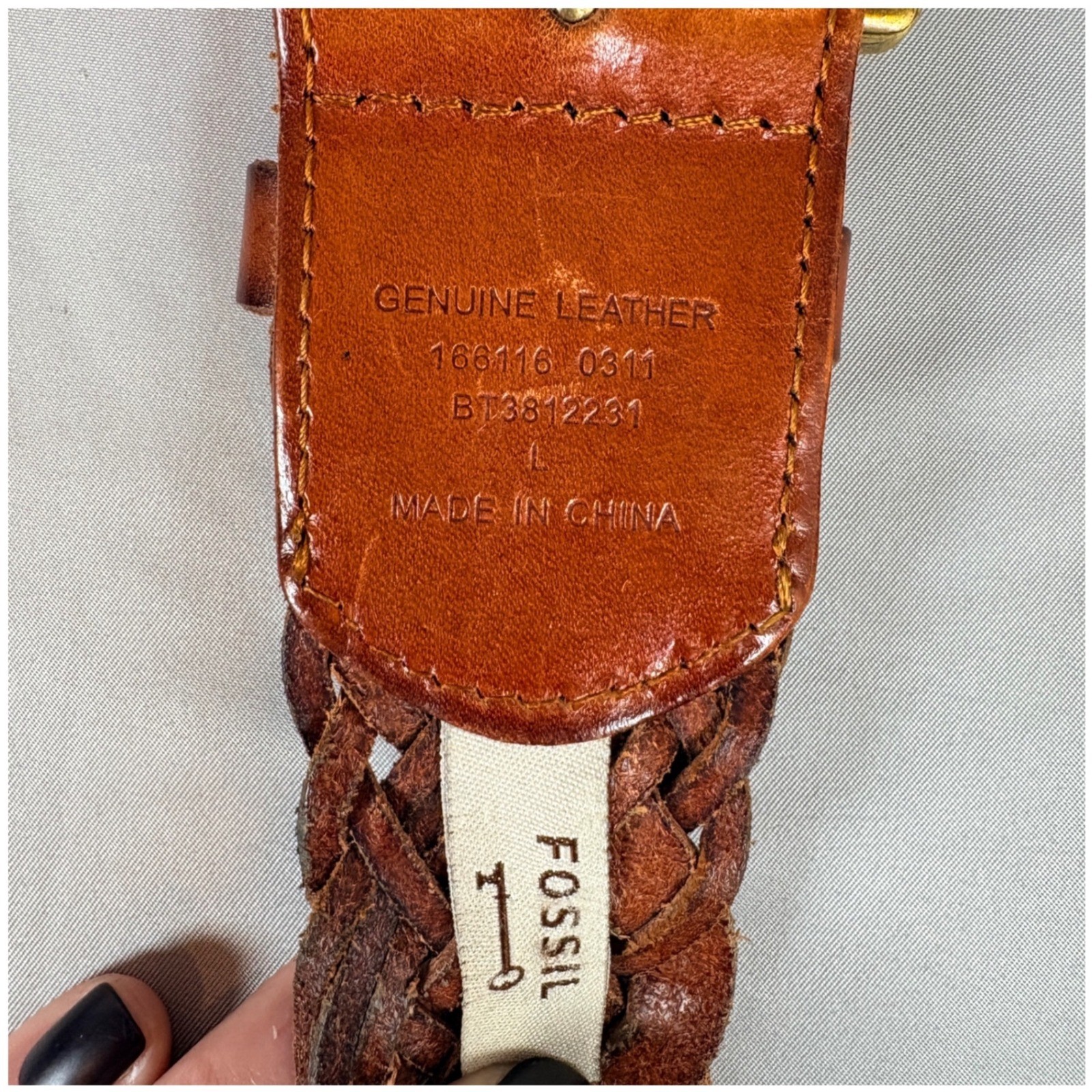 Fossil Braided Leather Belt Brown Woven Brass Buckle Large Boho Western festival