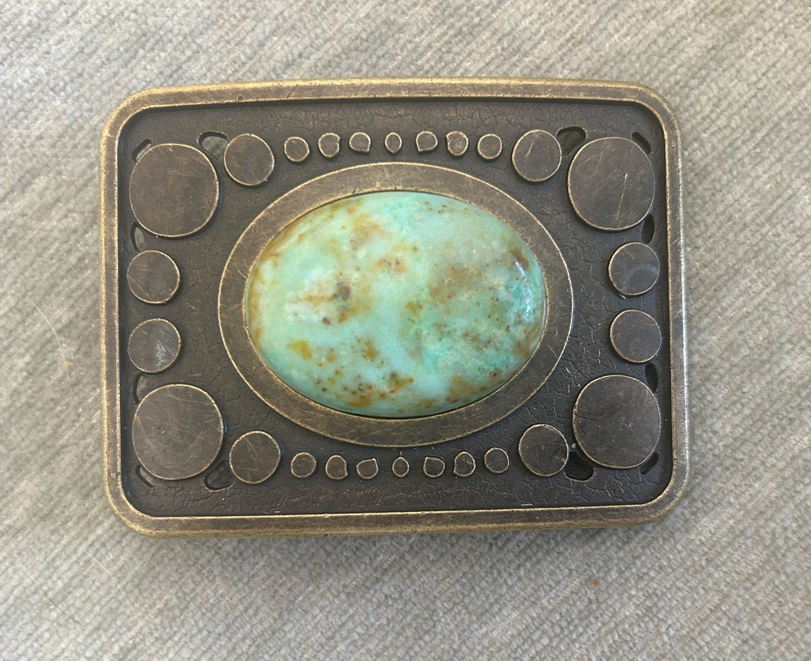 Vintage Teal Stone Belt Buckle Antique Gold Bronze Brass Turquoise Agate Inlay