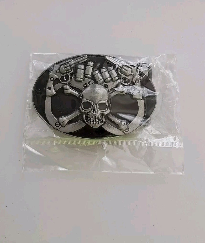 Skull & Crossbones Gun & Bullets Handcuffs Belt Buckle Fits Belt 1.5&Prime;