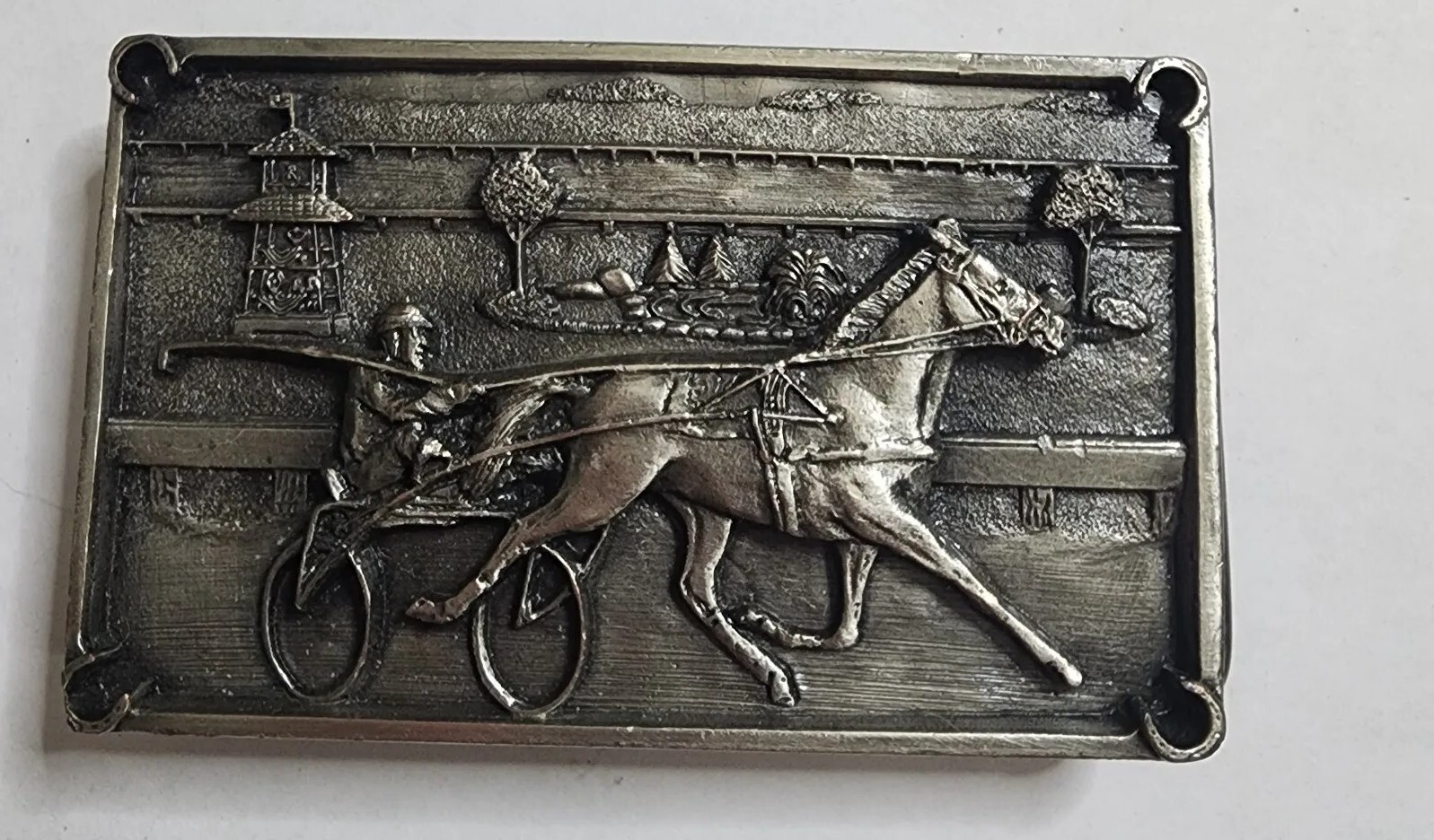 Vintage 1984 BERGAMOT BELT BUCKLE O-149 JOCKEY HORSE