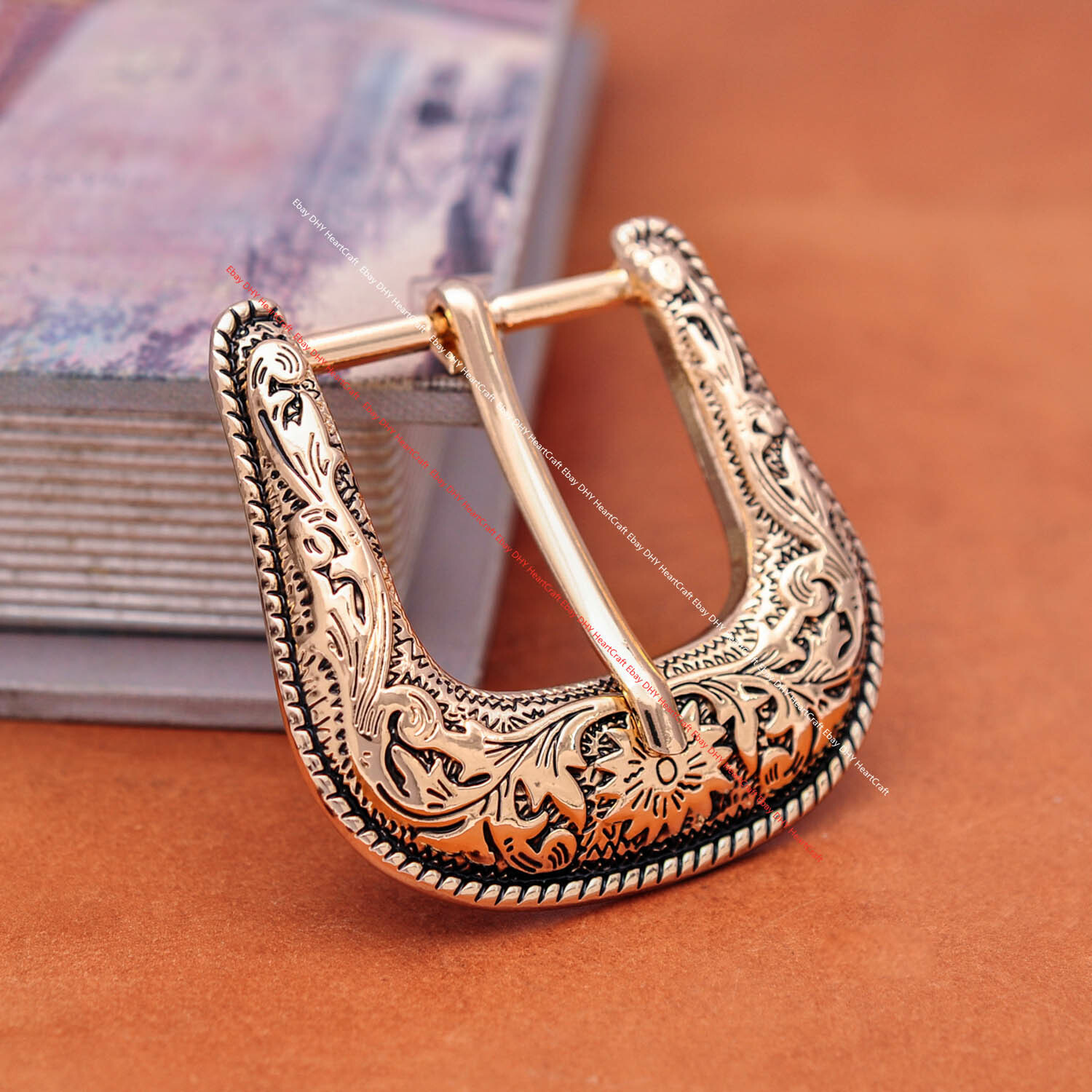 Heavy Gold Western Cowboy Belt Buckle 3 Piece Set Floral Carved Unisex 1-1/2&Prime;
