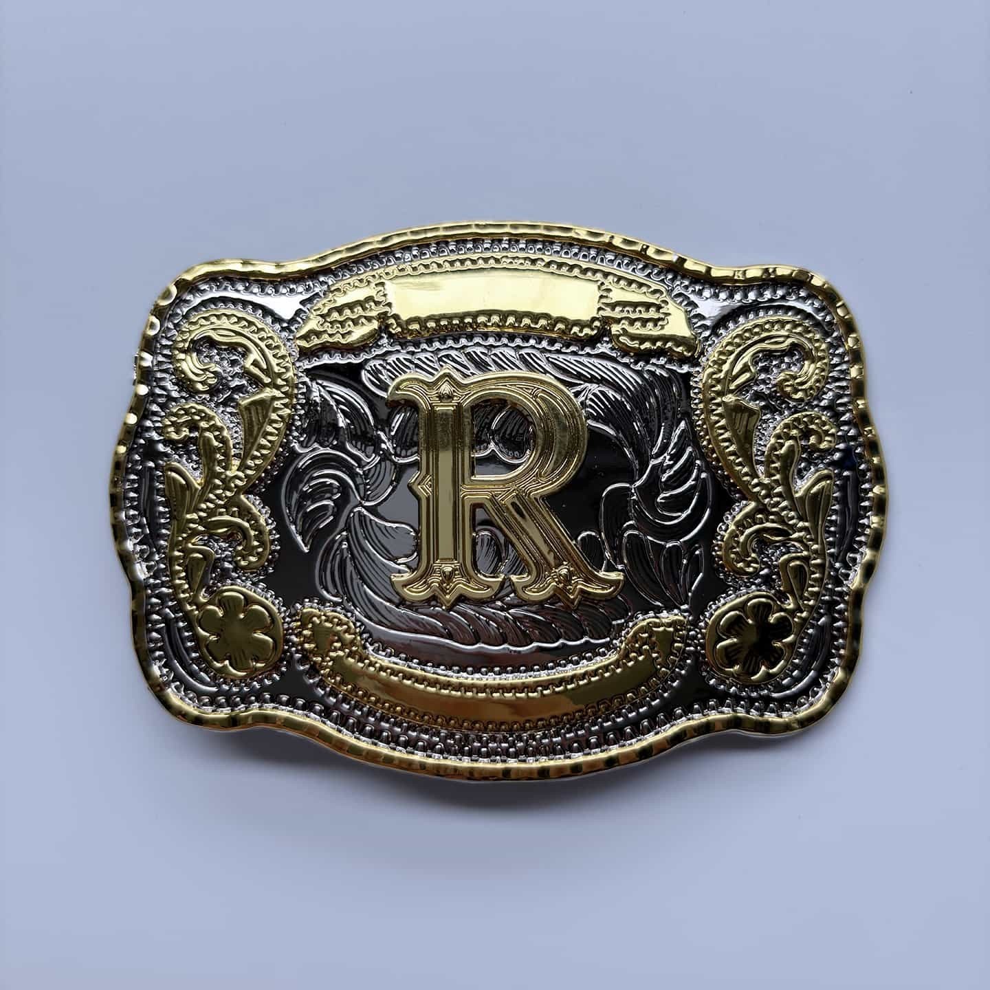 Bright Silver With Gold Initial Letter A-Z Cowboy Cowgirl Rectangle Belt Buckle