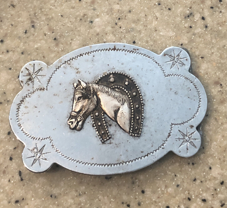 Two Toned Silver Horse Head and Horseshoe Belt Buckle Made in Hong Kong