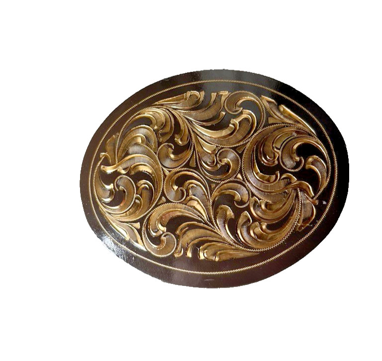 Western Belt Buckle 4.25 x 3.25 in Handcrafted Oval Engraved Brown Gold 2.25