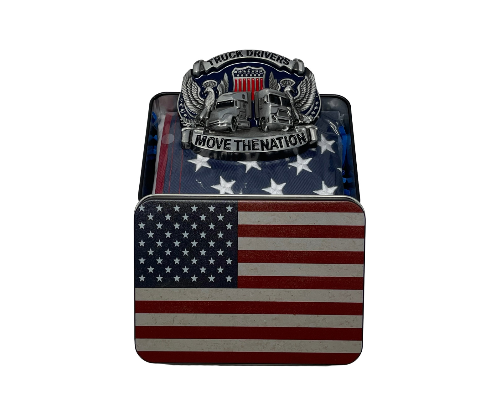Trucker Belt Buckle Gift Set with 12 x 18 Inch American Flag – Patriotic Buckles