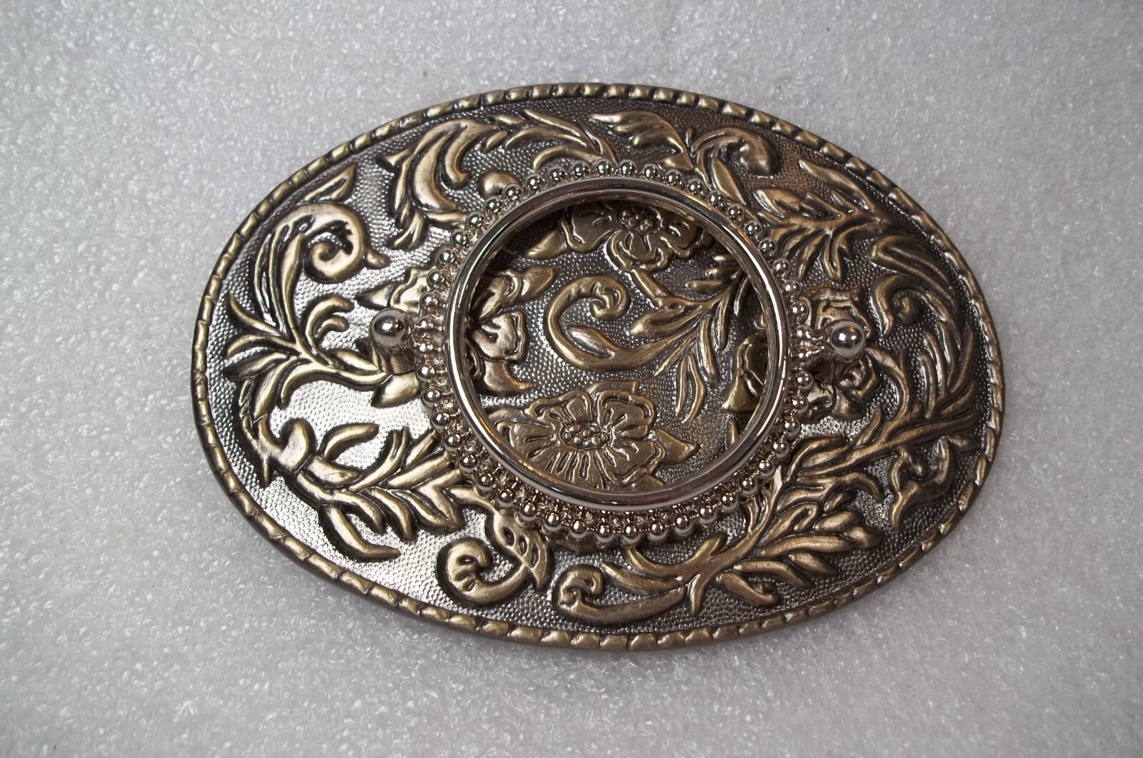 Metal Belt Buckle Western Fashion Floral Filigree Bronze & Silver Tone Hong Kong