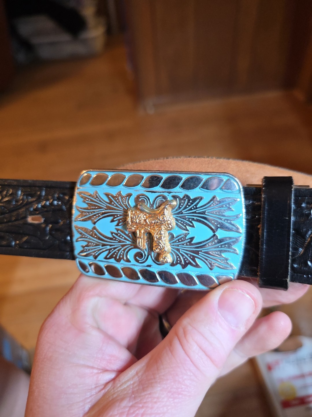 Vintage Just-O-Belt Black Tooled Leather W/ Silver Tone Buckle W Saddle 34&Prime; Long