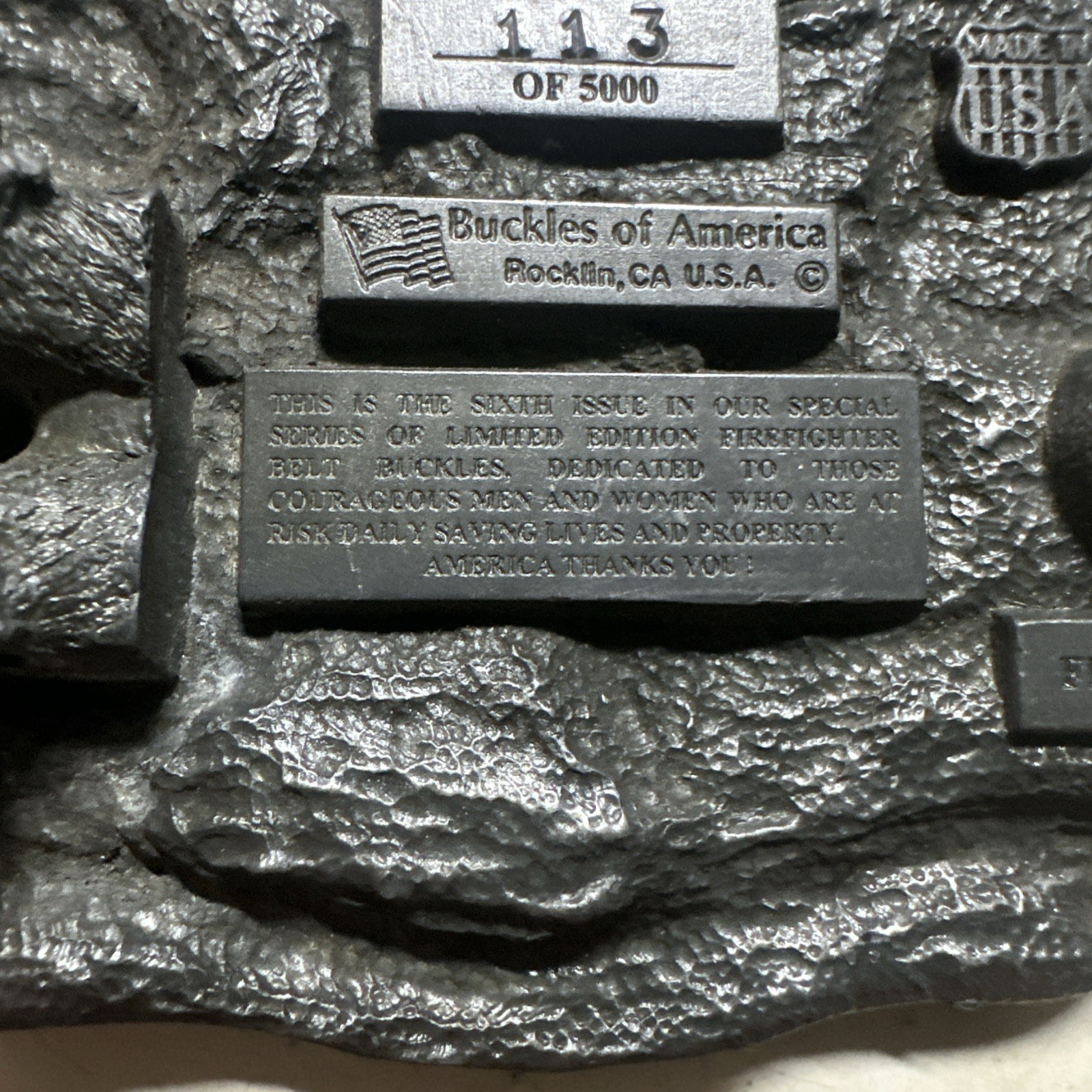 FIREFIGHTERS OF AMERICA 113 Limited Edition Belt Buckle USA Pewter Fire Engine