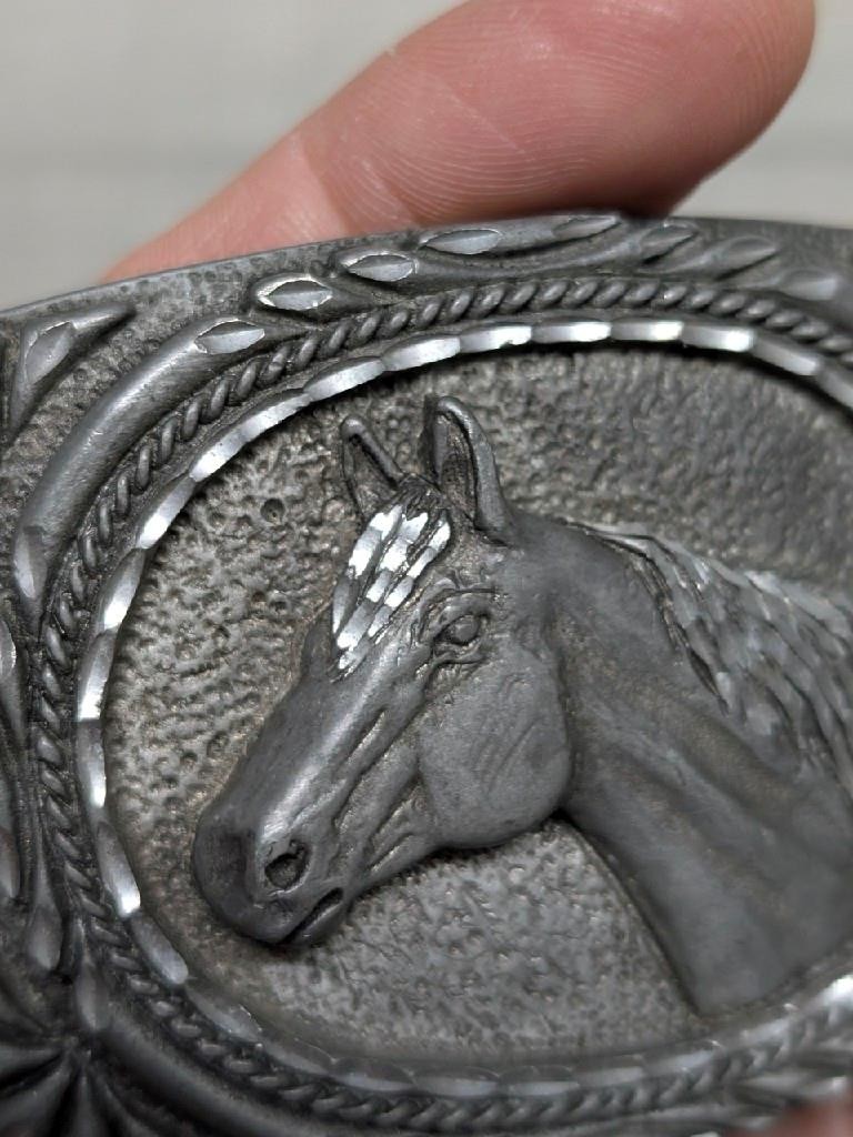 vintage USA made HORSE belt buckle EQUESTRIAN cowboy WESTERN pewter