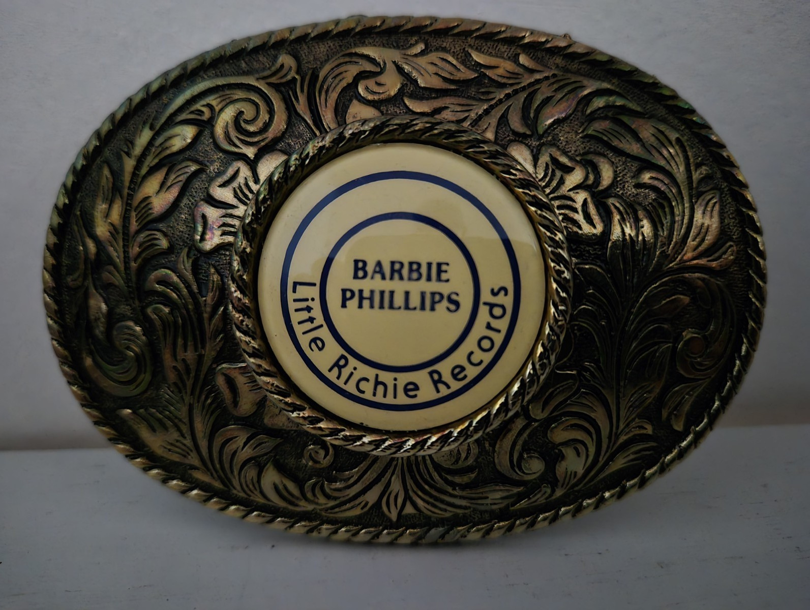 Barbie Phillips Western Oval Engraved Floral Gold Tone Vintage Belt Buckle