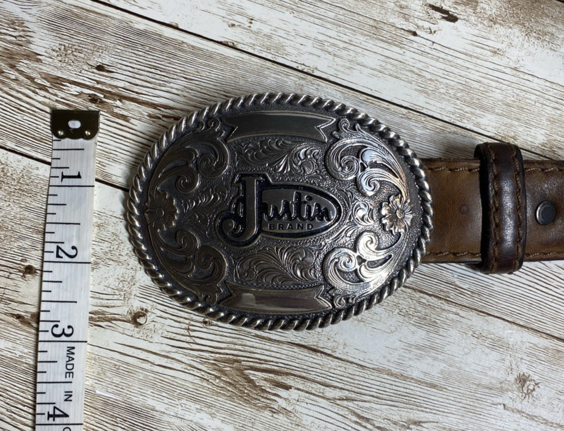 Justin Belt Mens Brown Leather Silver Tone Buckle Floral Scroll Western Cowboy