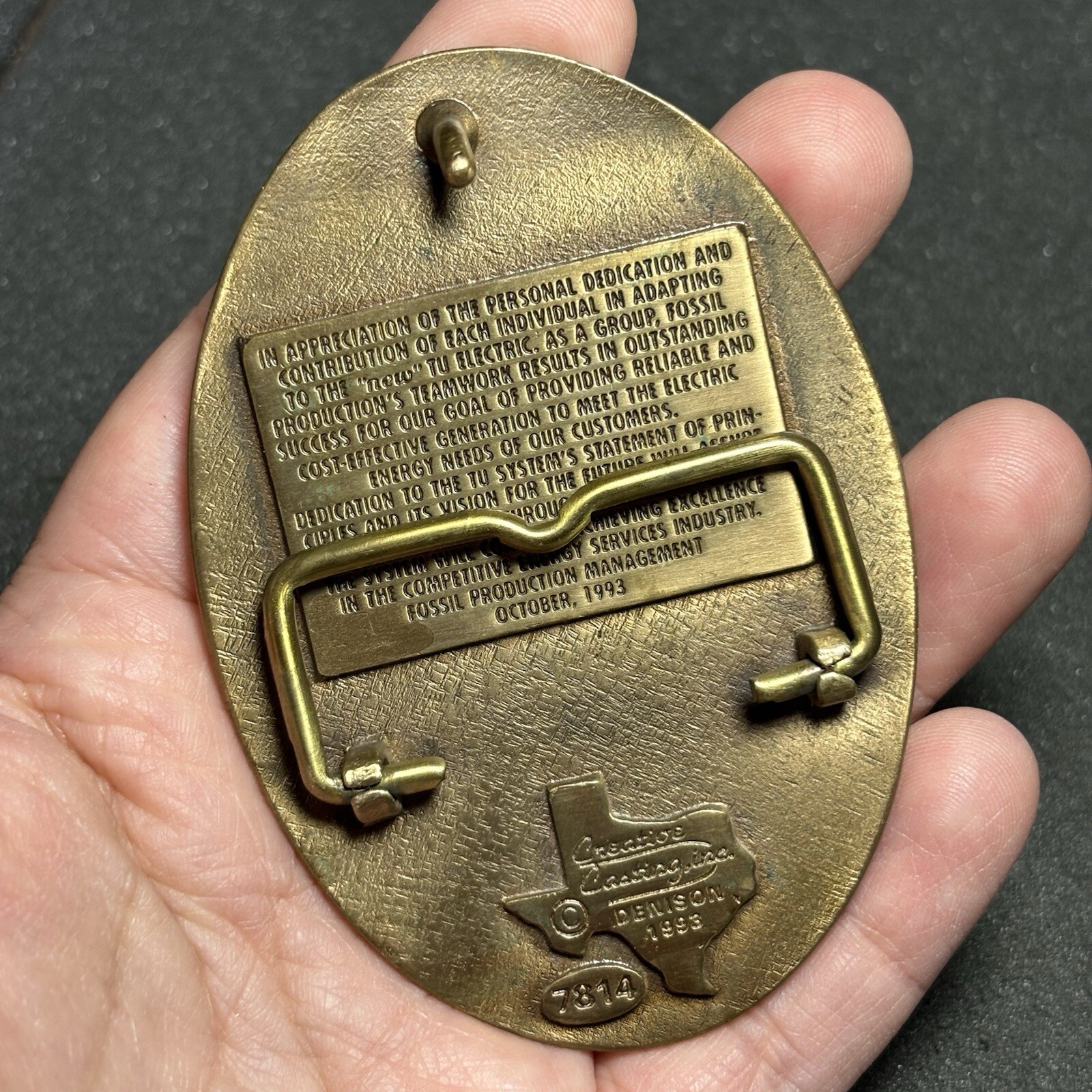 Texas Utilities Electric Co. Vintage Brass Belt Buckle 1993 by Creative Casting