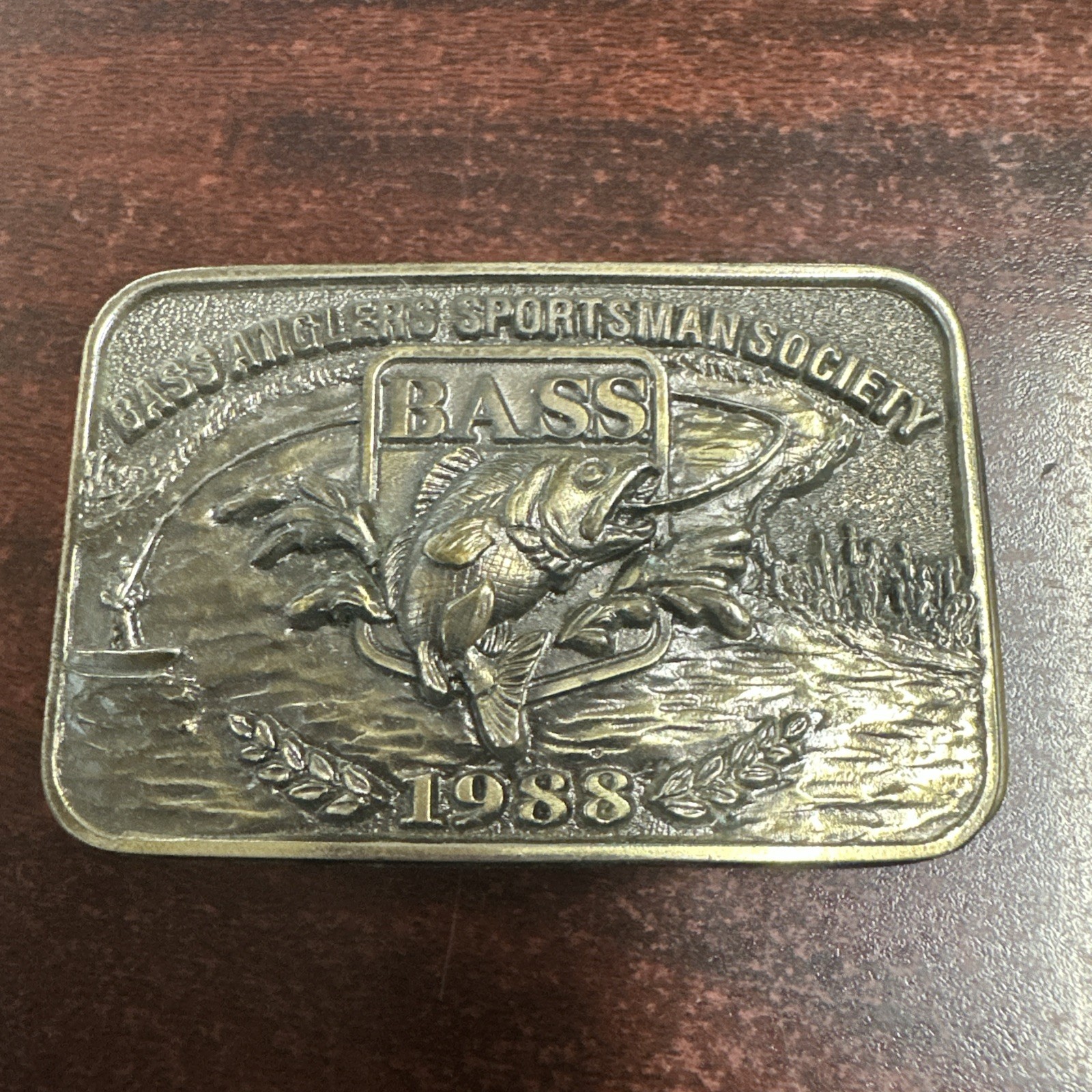 Vintage 1988 BASS Bass Anglers Sportsman Society Brass Belt Buckle USA Made 3×2&Prime;