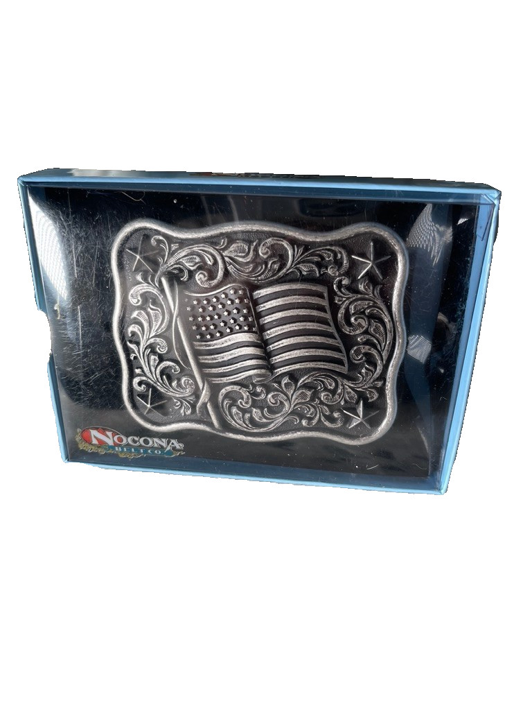 Nocona Mens Belt Buckle 3.75 x 3 in US Flag Star Western Matte Black Silver 1.5