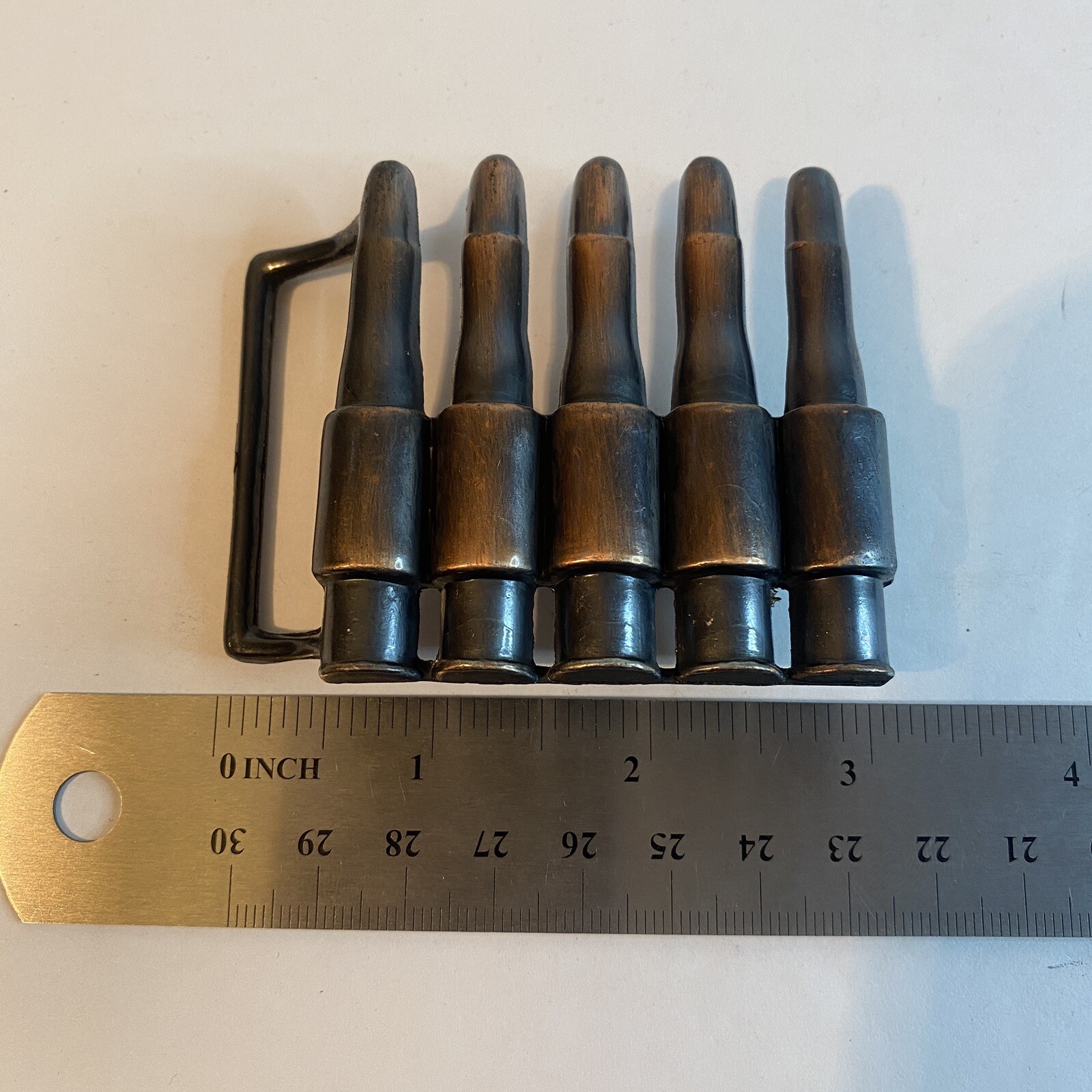 Metal bullet belt buckle copper tone gun ammunition design NEW