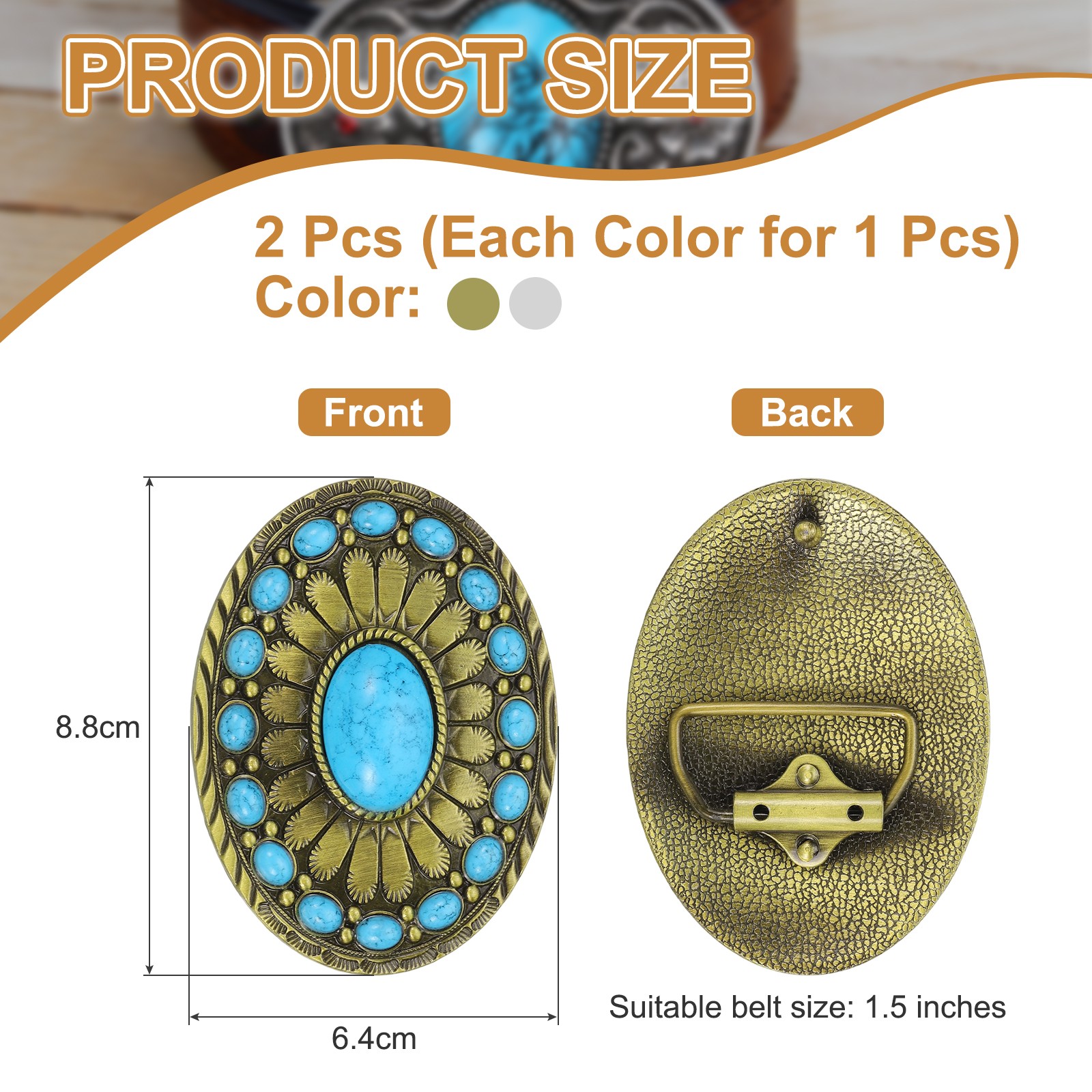 Western Belt Buckle for Men Cowboy,Turquoise Belt Buckle, Tin/blue1Set