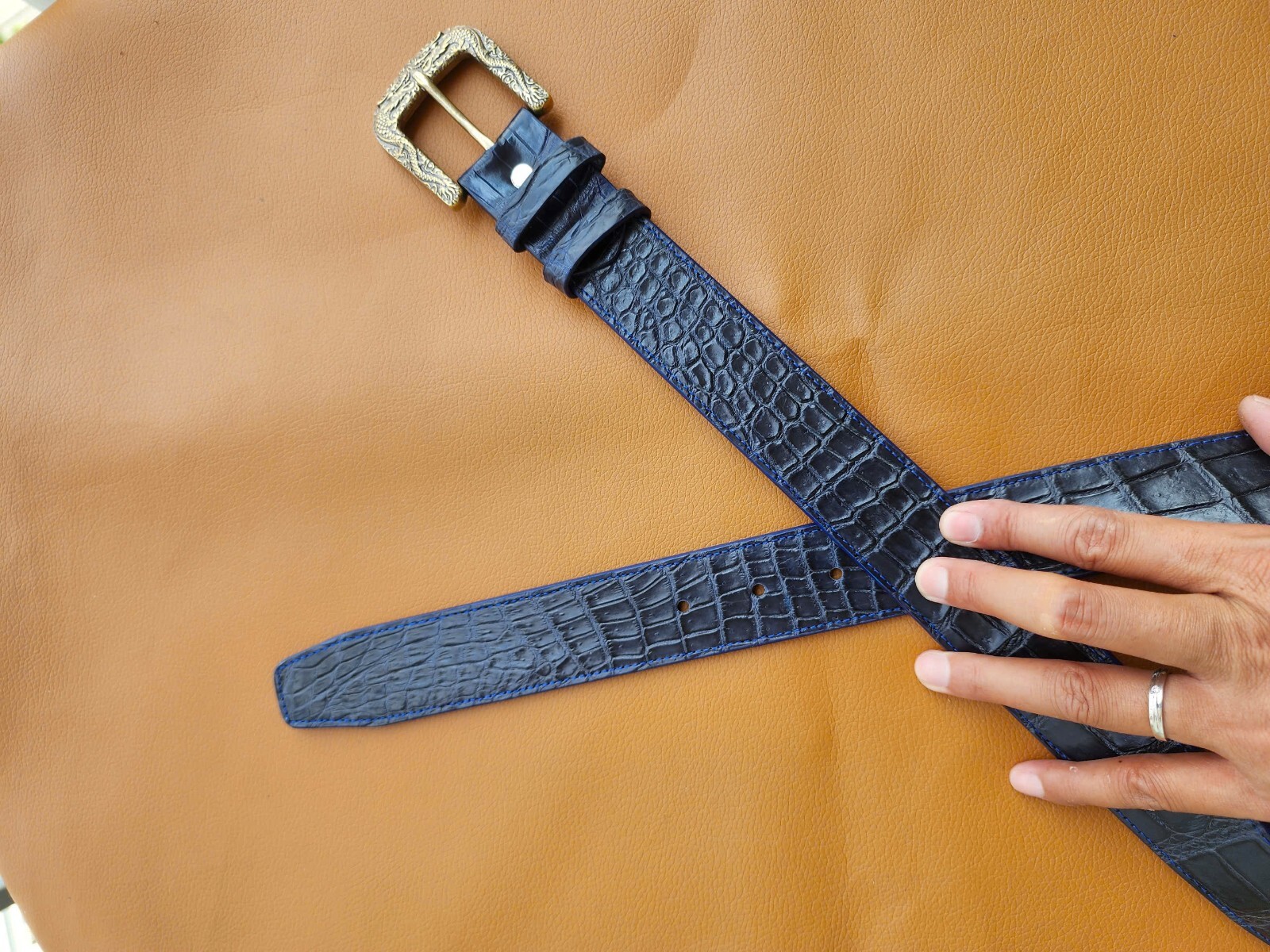 3.8CM Navy Blue 100% Genuine Leather Skin Men Belt Buckle- Handmade