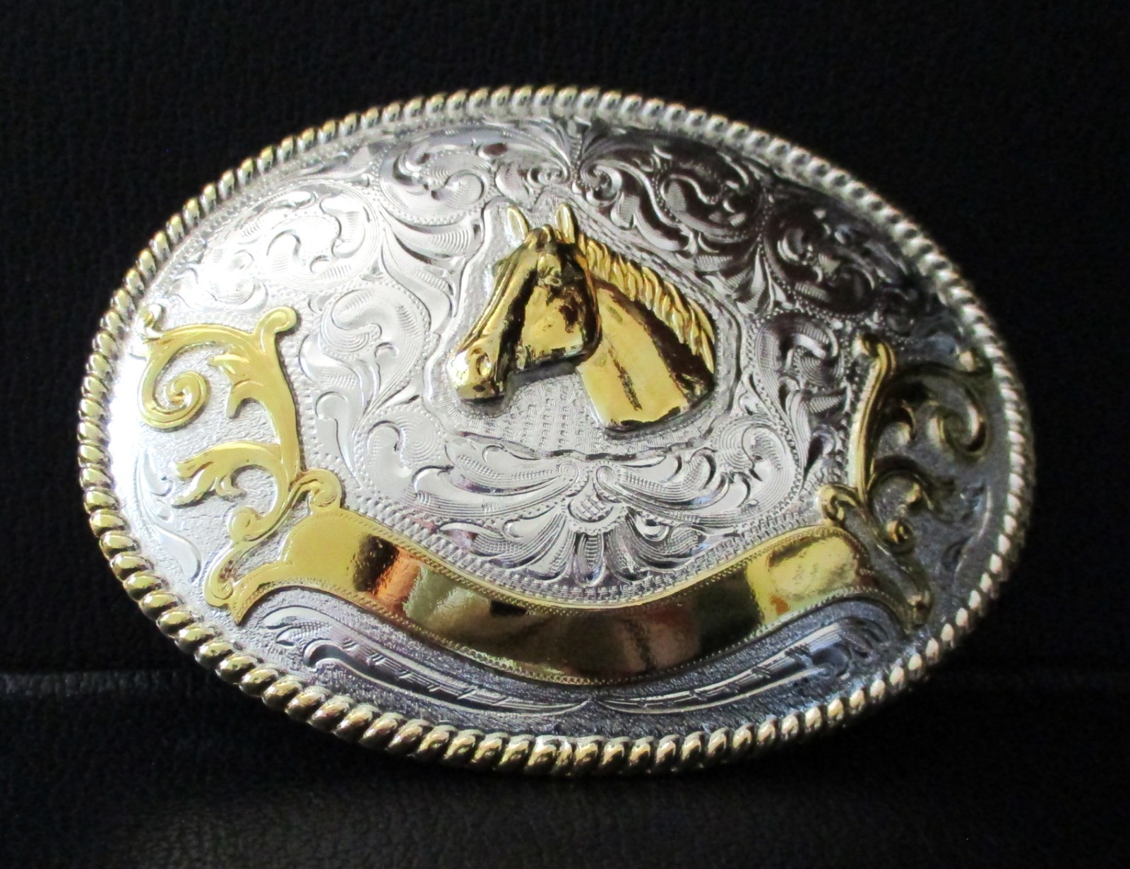 *Horse Head Silver & Gold Colored Western Style Belt Buckle Large 4&Prime; New w/ Tag