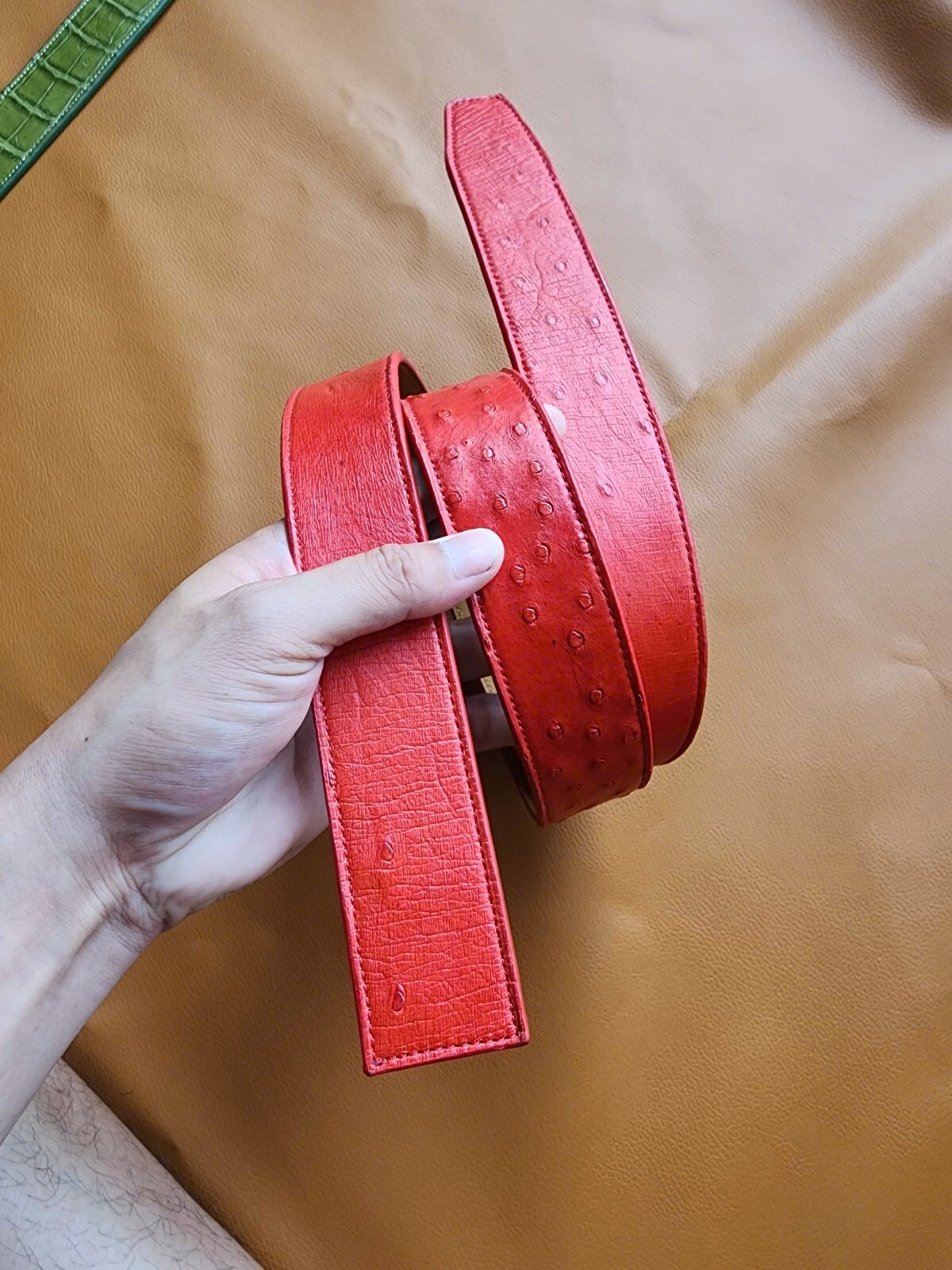 3.8CM Red 100% Genuine Body Ostrich Leather Skin Men Belt Buckle- Handmade