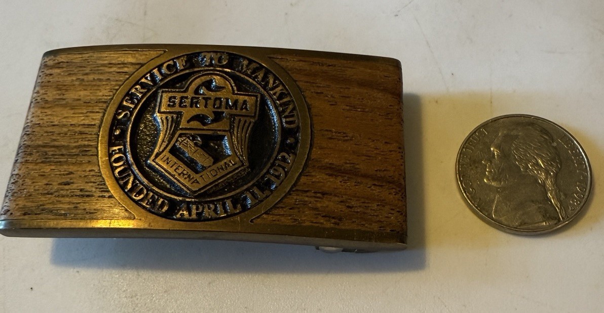 Sertoma International Belt Buckle Vintage Teakwood And Brass 1980 VGC