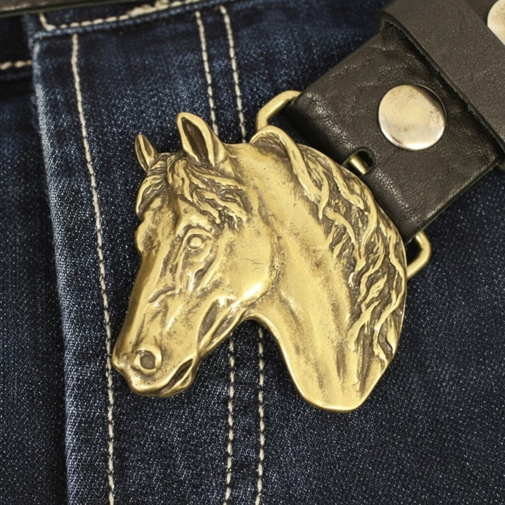 Vintage Horse Head Belt Buckle Antique Brass – Western Style for Equestrian