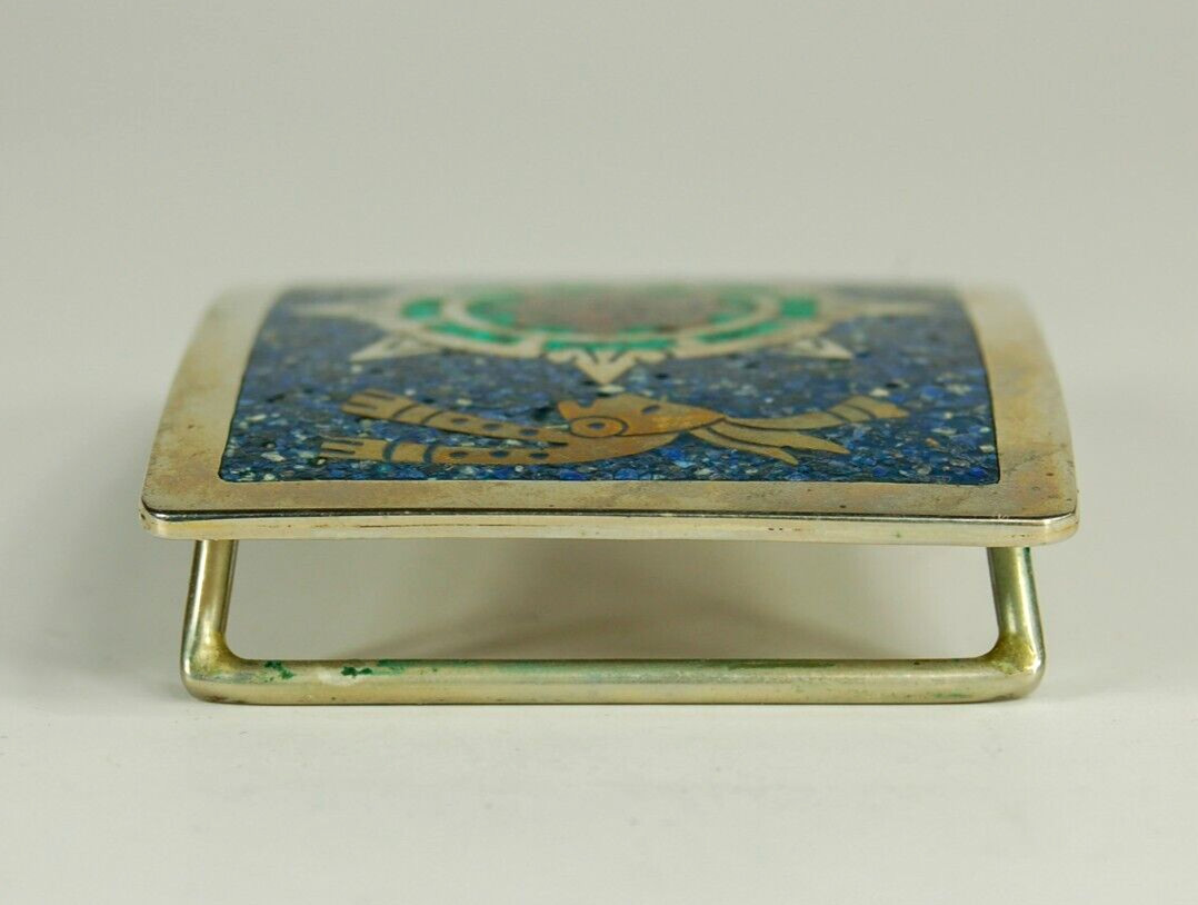 Aztec Sun Stone belt buckle western blue inlay on silver plate 3.5 inch