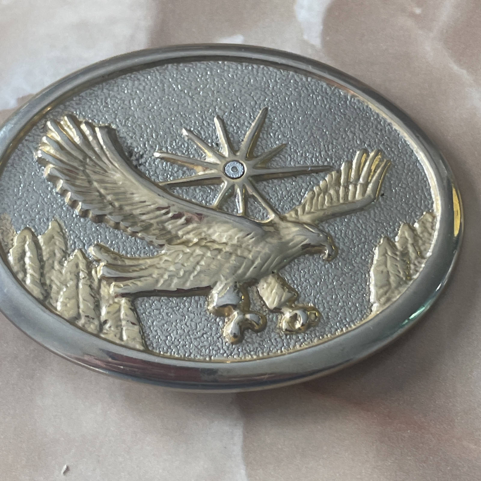 Vintage 70s 80s Western Gold & Silver Tone Flying Eagle Oval Belt Buckle