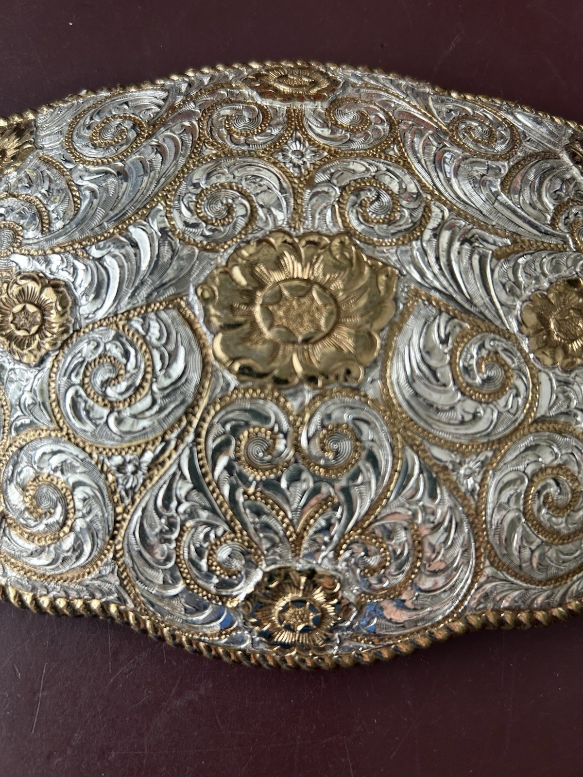 Crumrine Western Belt Buckle Two Tone Silver Gold Floral Scroll El Arturo Bronze