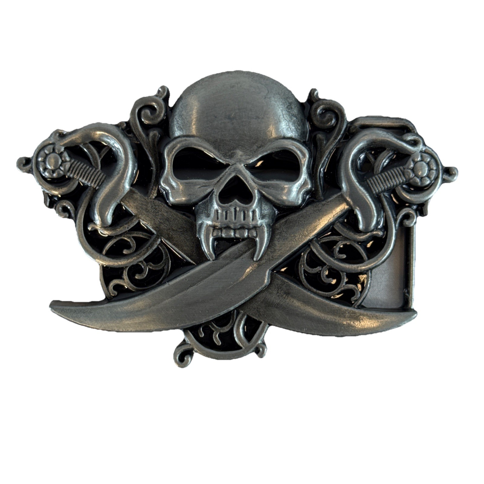 Skull and Crossed Swords Silver Tone Belt Buckle 4&Prime;x2.5&Prime; Pirate