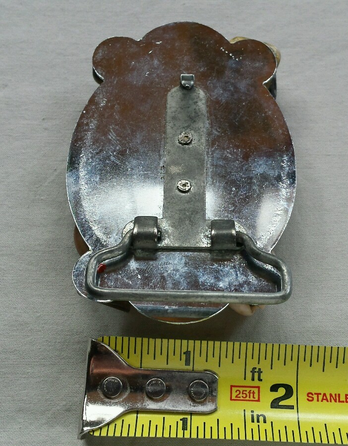 HORSE SHOE BELT BUCKLE UNIQUELY CUSTOMIZED W INTERESTING COLORED SHELLS & STONES