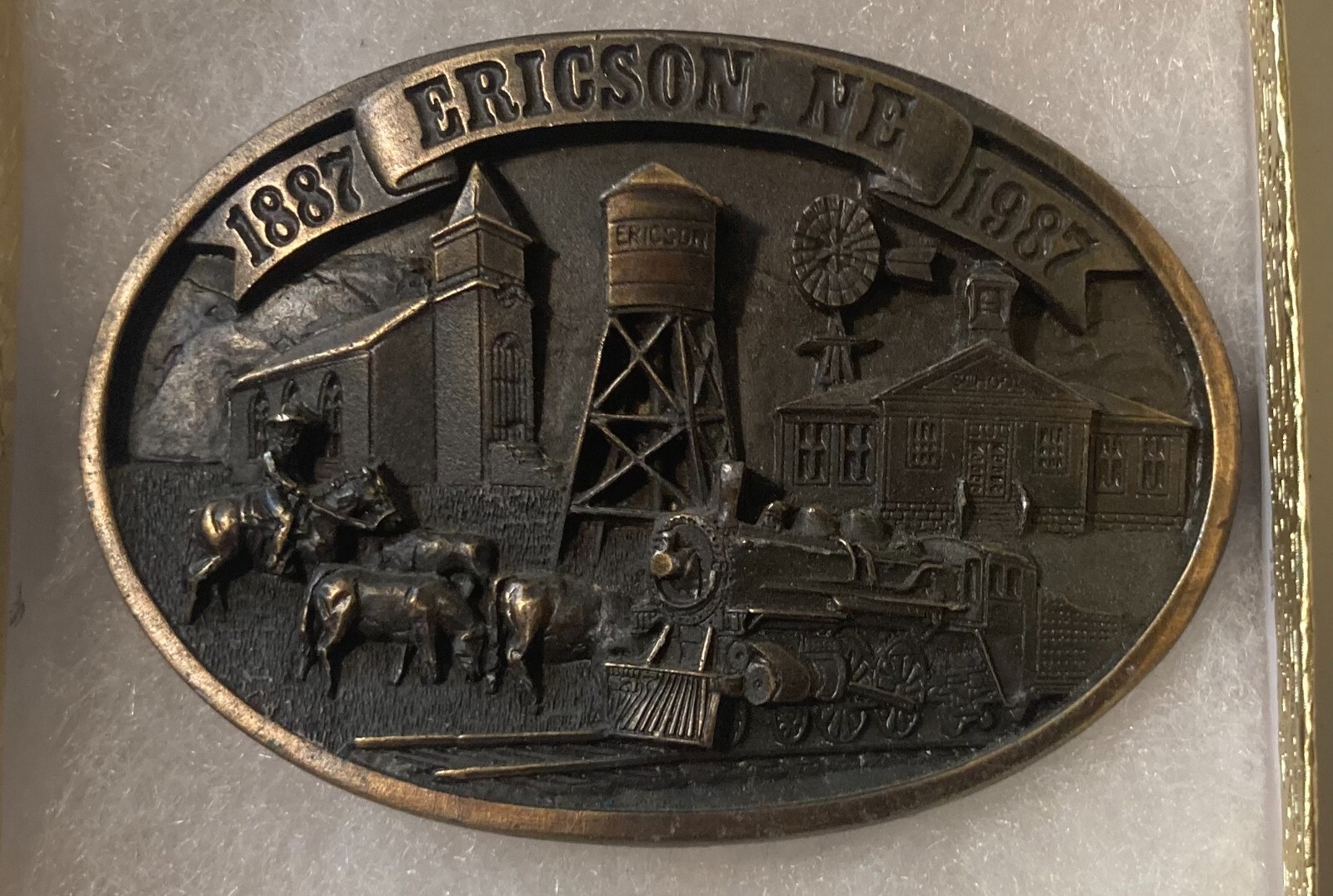 Vintage 1987 Metal Belt Buckle, Brass, Ericson, Nebraska, Nice Western Design