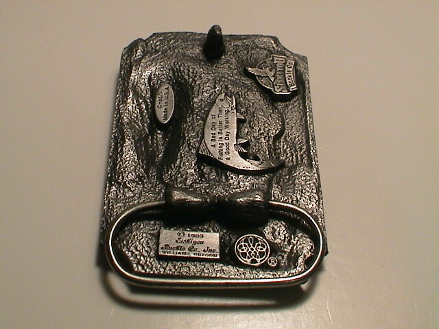 TROUT FISH 3D LOOK W/ FLY FISHING ROD & REEL NET CREEL BASKET METAL BELT BUCKLE!