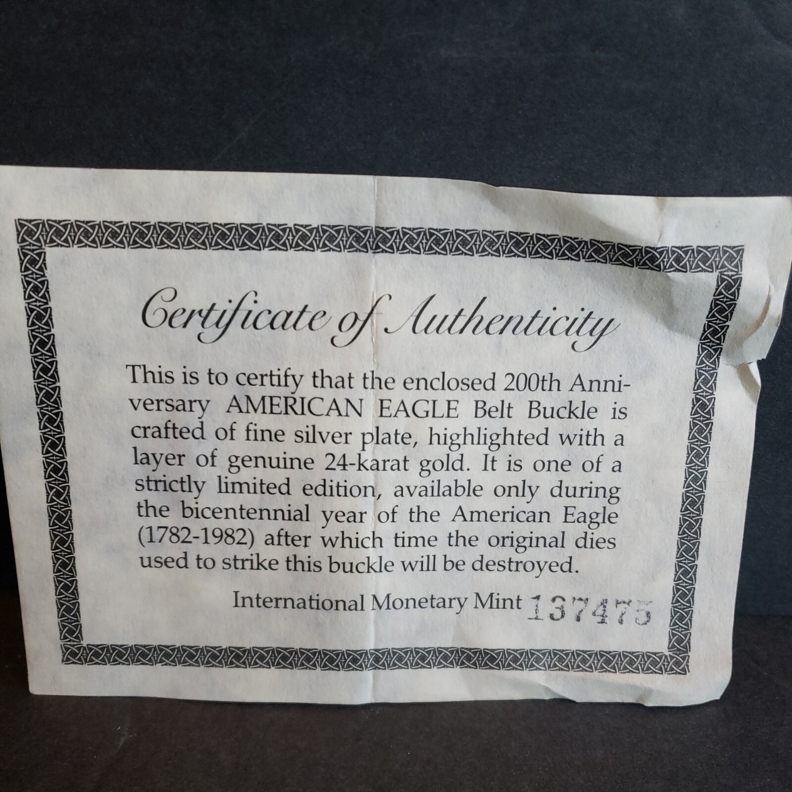 Vntg International Monetary Mint American Eagle Belt Buckle w/Box & Certificate.