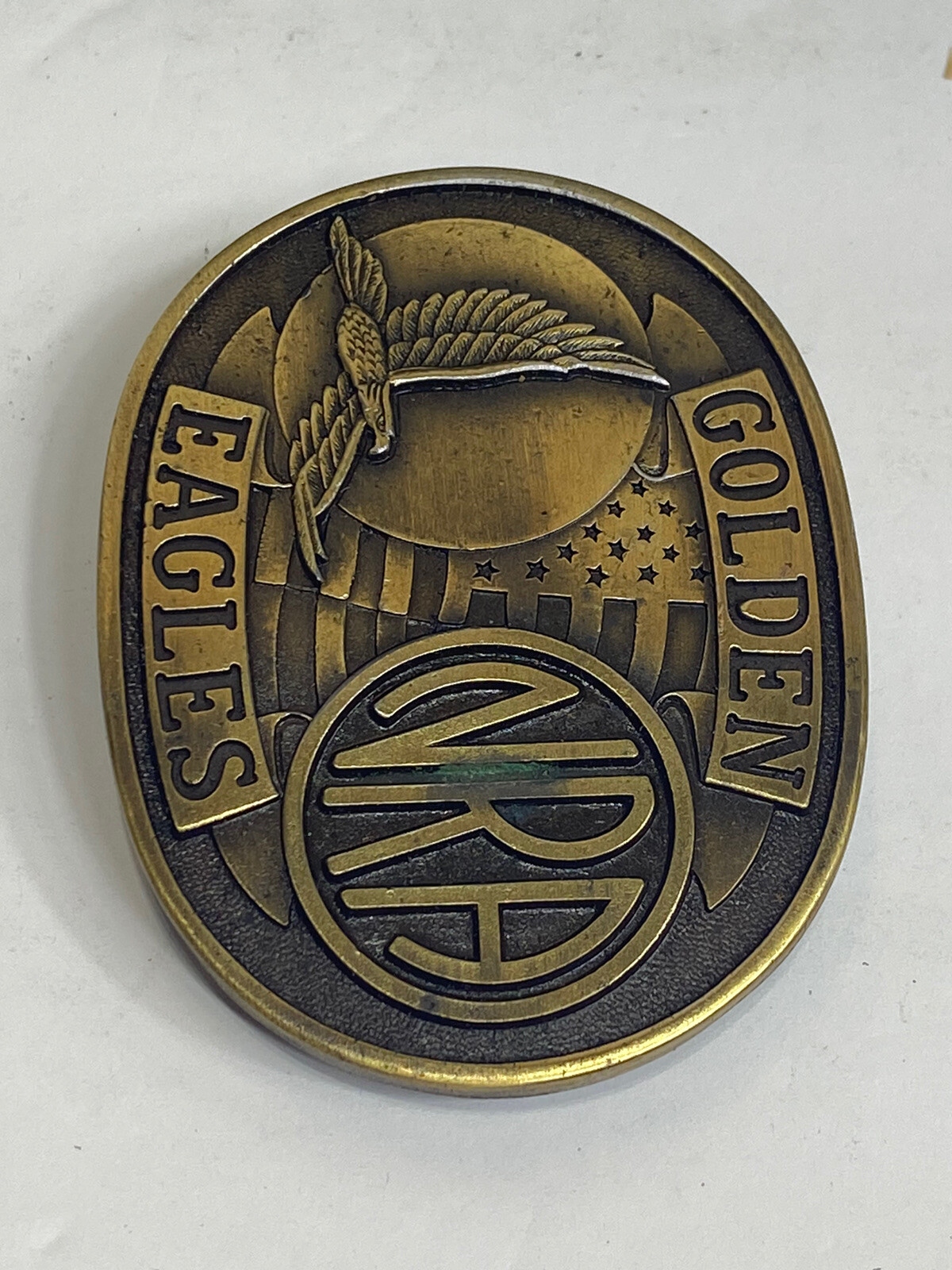 Vintage NRA GOLDEN EAGLES Belt Buckle Brass American Flag With Original Box