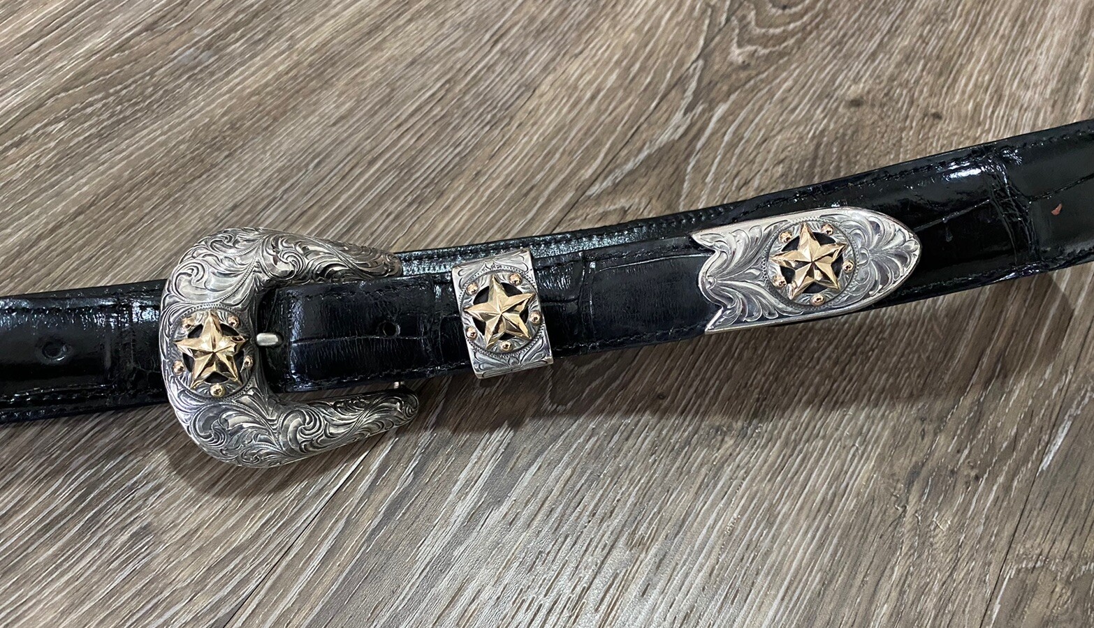 Rare Chet Vogt 14k .925 Sterling Belt Buckle Set XL cowboy Star BLK ✅